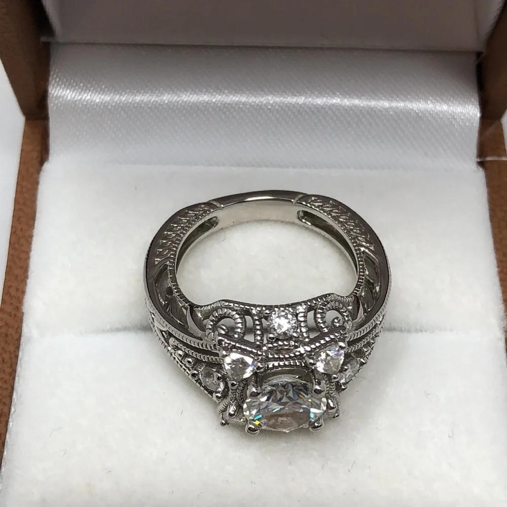Moissanite Engagement Ring Sterling Silver 925 Vintage Halo Filigree Bridal Sz 6
